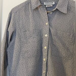 Jaegar 100% Cotton Light Blue Daisy Floral Embroidered Button Down UK Made S/M